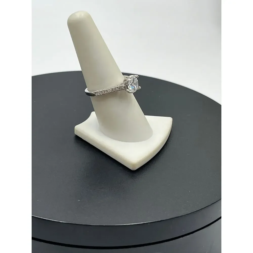 925 Sterling Silver Cathedral Solitaire Ring‎ 7mm Round CZ Pavé Accents Size 8